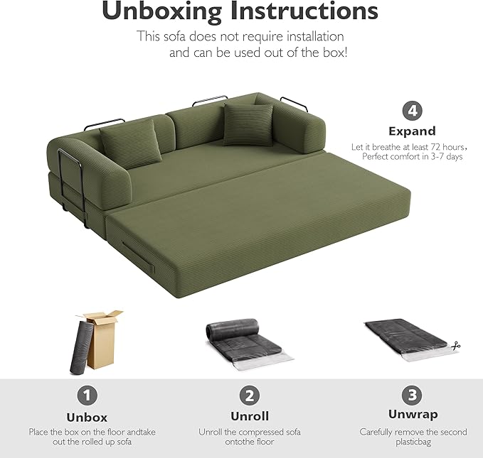 79in Convertible Sofa Bed, Corduroy Boneless Couch Bed, Futon Sleeper Sofa Pull Out Bed, Foldable Couch for Living Room Apartment, No Assembly Required