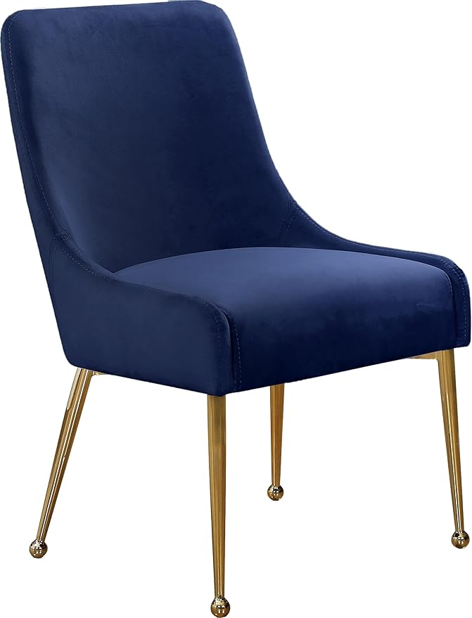 Meridian Furniture Owen Collection Modern | Contemporary Velvet Upholstered Dining Chair with Polished Gold Legs, Set of 2, 24" W x 21" D x 34.5" H, Navy