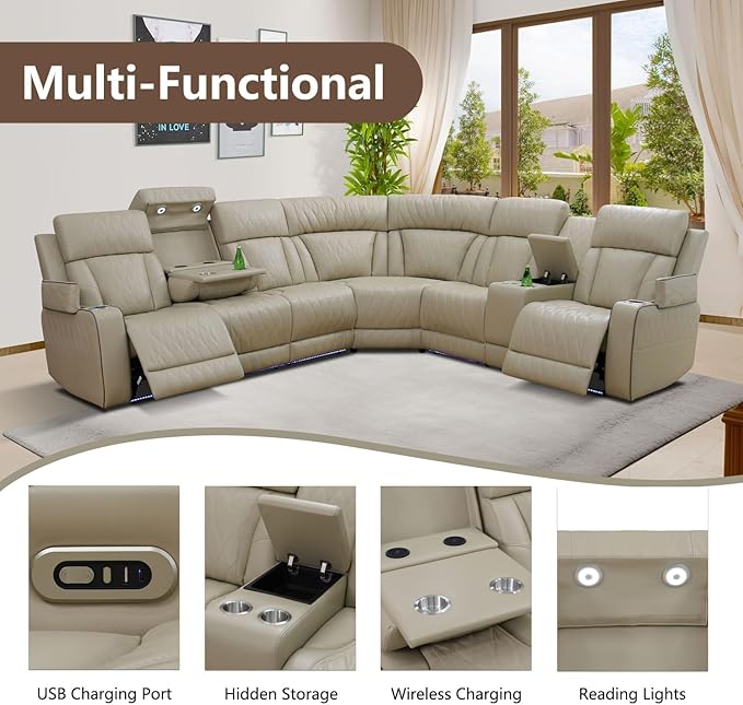 Air Leather Recliner Sectional Sofa Set, Power Reclining Sectional Couch for Living Room, L Shaped Recliner Corner Couch and Single Chair with LED Lighting, USB Port&Storage (Beige)
