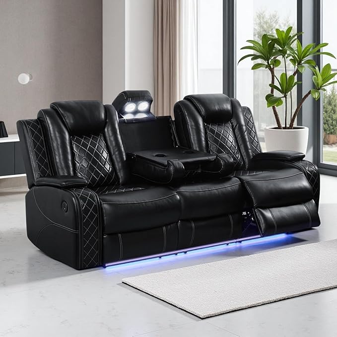 Power Recliner Sofa Couch with LED, Breathing Leather Reclining Couch, Living Room Furniture Sets, Black Recliner Furniture with Charging/Storage/LED for Home Theater/Office, Black (3 Seater)
