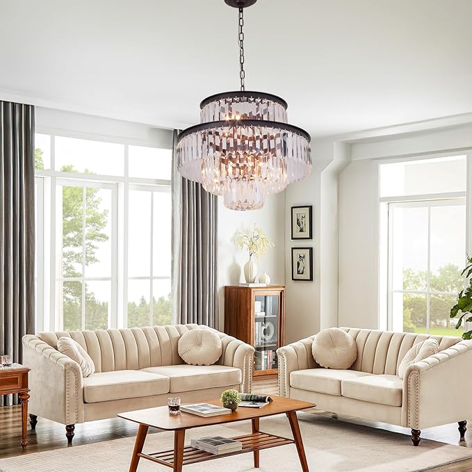 Crystal Chandelier Pendant Light Fixture 7-Light 4-Tier Brown Chandeliers for Dining Room, Bedroom, Entryway, Living Room