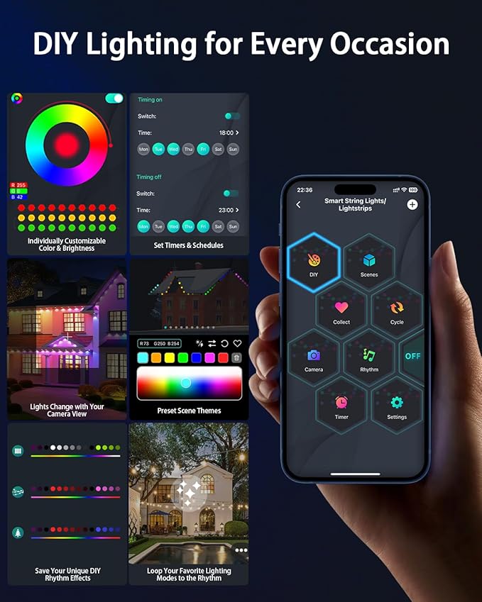 Permanent Outdoor Lights Pro,16ft RGB+IC Smart Outdoor Decor,App/Remote,Christmas,Halloween,Multi Scene Modes,IP67 Waterproof,Eaves Light with Daily & Holiday Party Decor,House Roof Lighting