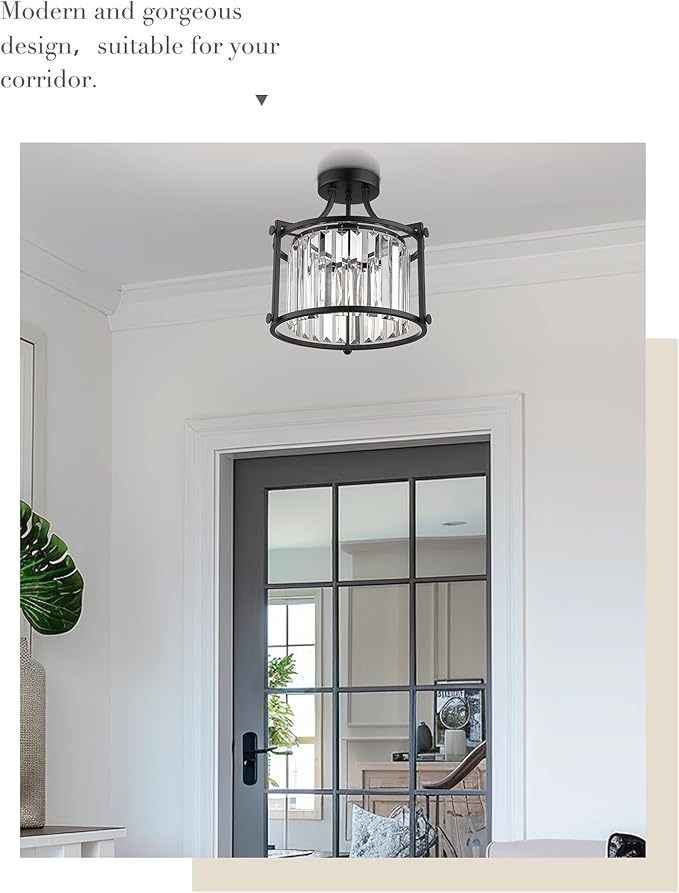 Crystal Flush Mount Ceiling Light, 1-Light Black Ceiling Light, Modern Flush Mount Chandelier for Bedroom Kitchen Laundry Entryway, CL4832-1W-BK