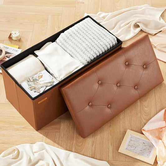 HAUSFRAU - Storage Ottoman Bench, 30 Inches Button Tufted Upholstered Ottoman Footstool with Storage for Living Room Bedroom Entryway, Load 660 lb, Synthetic Leather, Brown