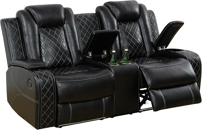 Power Leather Reclining Loveseat Sofa with LED Light,Double Recliner Sofa Love Seat with Storage Console/USB Port/Cup Holder,Leather Couch for Living Room Furniture Sets(2 Seats,Black)
