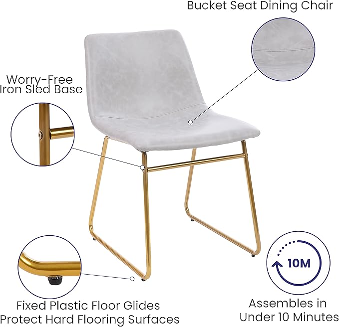 Taylor & Logan Butler 18 inch Dining Table Height Chair, Mid-Back Sled Base Dining Chair in Light Gray Faux Leather with Gold Frame, Set of 2