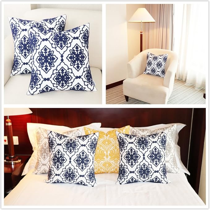 Slow Cow Pack of 2 Canvas Embroidery Decorative Cushion Covers Navy Blue Bohemian Flower Throw Pillow Covers 18 x18 inches
