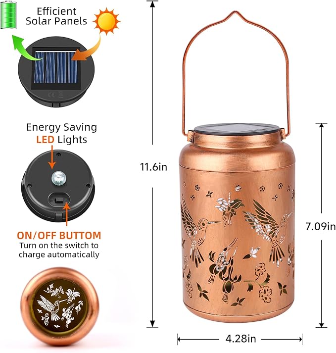 Hummingbird Solar Lanterns Outdoor Waterproof Hanging Solar Lights Metal Decor Lantern LED Light Decorative for Garden,Patio,Yard,Lawn,Backyard,Front,Porch Gifts for Women Mom Men