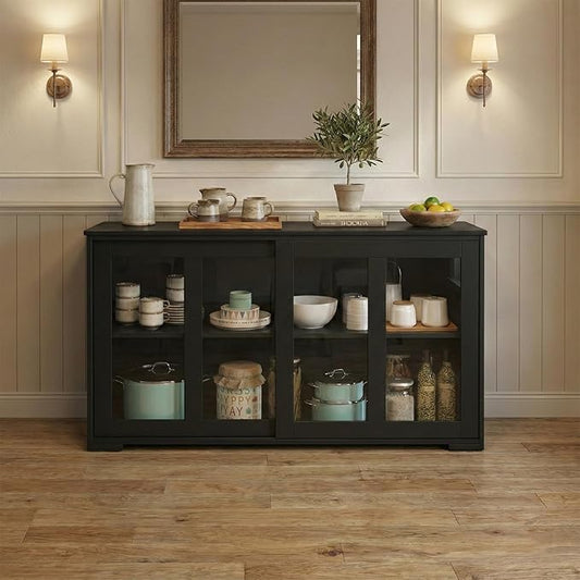 NAFORT Wooden Buffet Cabinet Sideboard with Sliding Doors, Kitchen Storage Console Table, Accent Coffee Bar with Adjustable Shelf for Living Room, Dining Room (Black, 13" D x 42" W x 24.5" H)