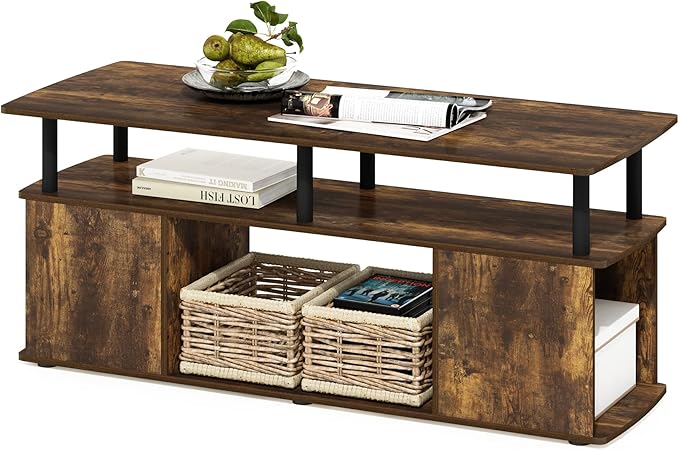 Furinno Jaya TV Stand, 3-Tier Entertainment Center with Open Shelf, TV Console for TV up to 50 Inch with Side Open Storage Compartments, for Living Room, Bedroom, Amber Oak