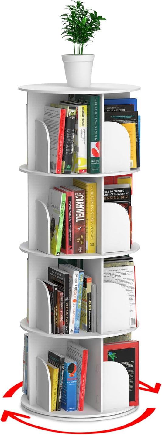 Houseables Rotating Bookshelf, Revolving Bookcase, Spinning Book Shelf, 4 Tier, White, Wood, 360 Degrees Bookshelves, Floor Stand, Rotation Display Tower, Stackable, Round, Turning, for Kids, Children