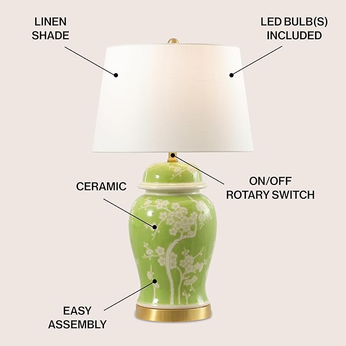 JONATHAN Y 29.5" Green/White Traditional Ceramic Ginger Jar Table Lamp for Living Room, Chinoiserie Asian Bedside Lamp with White Linen Shade and LED Bulb Included (JYL3047B)