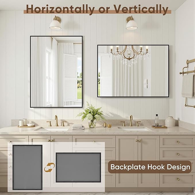 Bathroom Mirrors for Over Sink 24" x 32", Black Metal Frame Rectangle Wall Mirror, Modern Farmhouse Vanity Mirror(Horizontal/Vertical)
