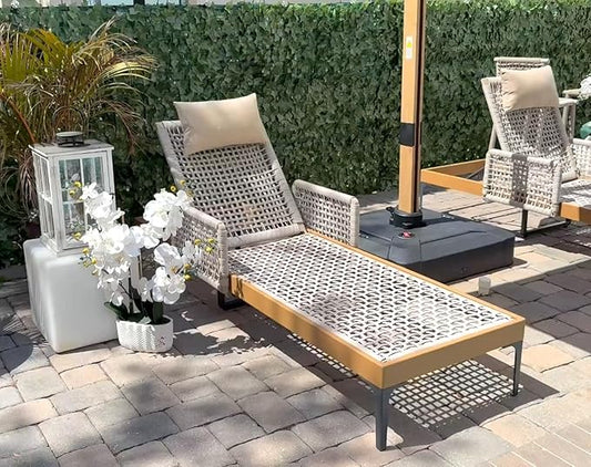 PURPLE LEAF 1 Piece Outdoor Chaise Lounge Rattan Wicker Lounger with Arms Poolside Furniture Adjustable Recliners Patio Lounge Chair for Beach Yard Garden Balcony, Teak