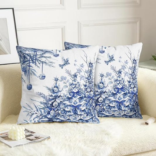 Christmas Tree Pillow Covers 18x18 Set of 2 Winter Blue White Chinoiserie Christmas Decorative Outdoor Throw Pillow Cases Farmhouse Xmas Holiday Pillowcase for Sofa Couch Porch