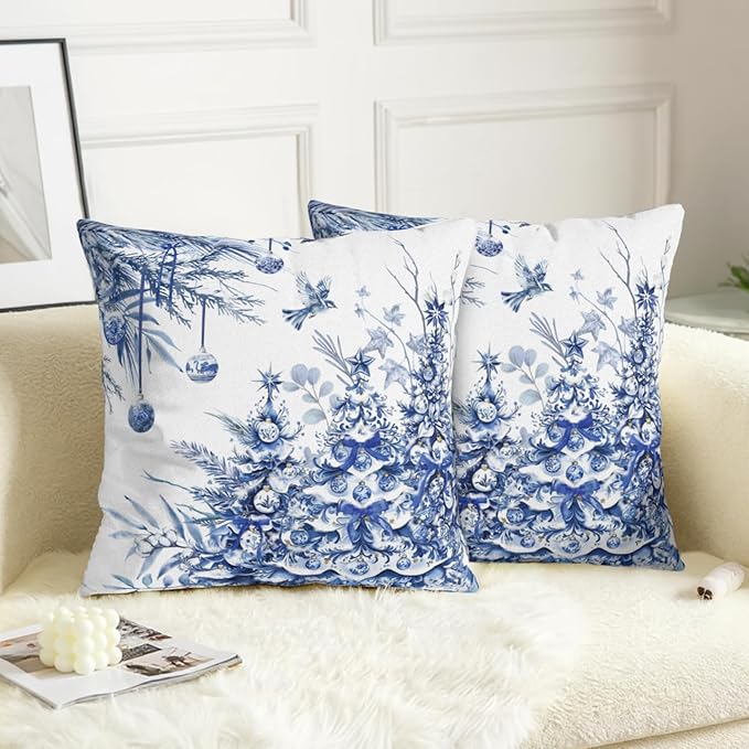 Blue Christmas Pillow Covers 22x22 Set of 2 Chinoiserie Xmas Pine Tree Bird Ball Decorative Throw Pillows Winter Rustic Style Print Outdoor Pillowcase for Home Couch Sofa