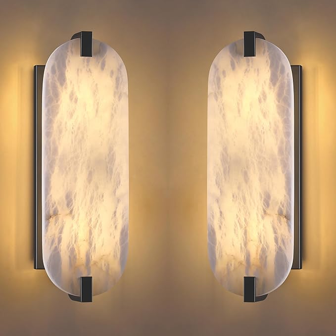 2 Pack 2 Light Oval 16.7" Alabaster Marble Bathroom Wall Sconce Modern Concise Style Wall Light Fixture,Dark Gray Finish for Bedroom Hallway Bedside
