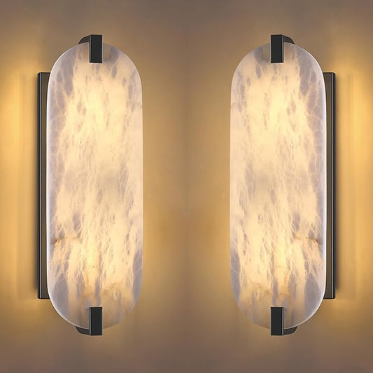 2 Pack 2 Light Oval 16.7" Alabaster Marble Bathroom Wall Sconce Modern Concise Style Wall Light Fixture,Dark Gray Finish for Bedroom Hallway Bedside