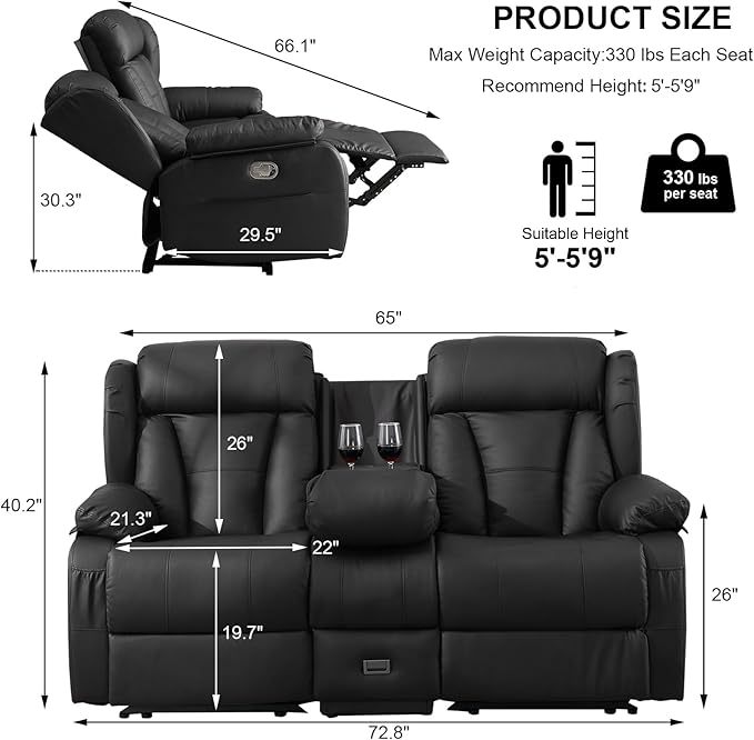 72.8" Manual Reclining Loveseat - Wall Hugger Double Loveseat Recliner with Console, Fold-Down Table and Built-in Outlets, Manual Recliner Chair for Living Room RVs Home Theater (Brown)