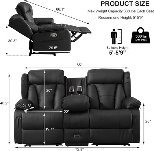 72.8" Manual Reclining Loveseat - Wall Hugger Double Loveseat Recliner with Console, Fold-Down Table and Built-in Outlets, Manual Recliner Chair for Living Room RVs Home Theater (Brown)