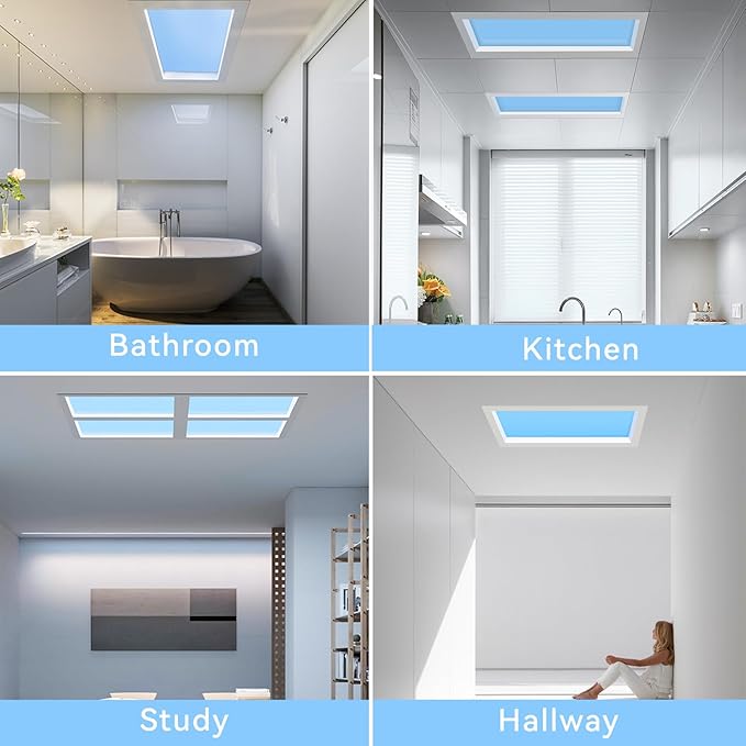 1x1 Ft Smart Blue Sky Light Ceiling Lamp, APP Control and Biological Rhythm Simulate Sunlight Irradiation, Artificial Skylight for Living Room, Bathroom, Office (1x1 Ft)