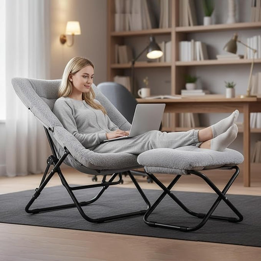 Tiita Folded Chair with Straight Ottoman, Soft Faux Fur Oversized Folding Accent Chair,Lazy Chair, Metal Frame Moon Chair for Bedroom, Living Room, Dorm Rooms, Garden and Courtyard, Grey