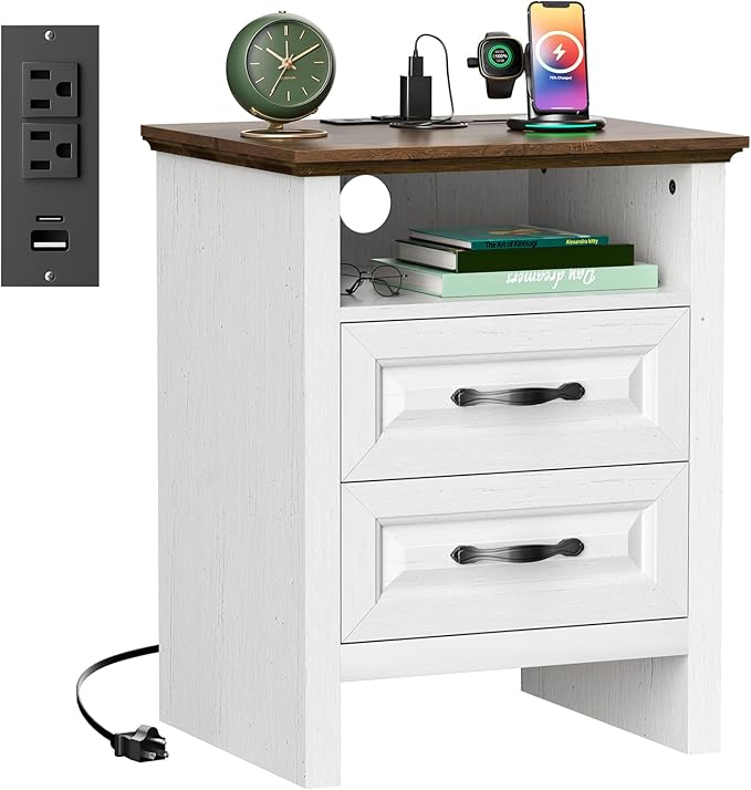 Marsail Nightstand with Charging Station, Farmhouse Bedside Table with 2 Drawers and Open Shelf, Bedside Storage Cabinet for Bedroom, Rustic End Side Table, Wood White
