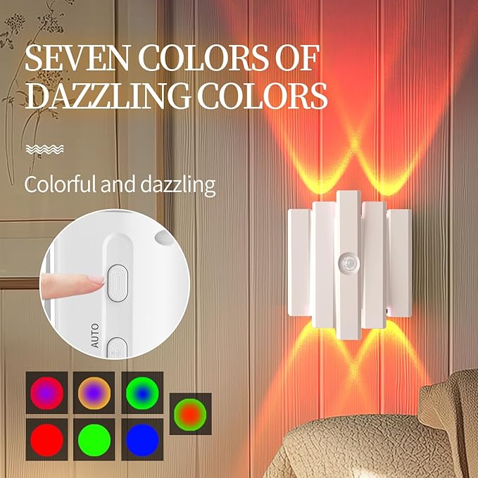 Rechargeable Motion Sensor Wall Sconce, Battery Operated Indoor Night Light with Magnetic Mount, RGB Colorful LED Ambient Lighting for Hallway, Stairs, Bathroom & Kids Room (USB-C)