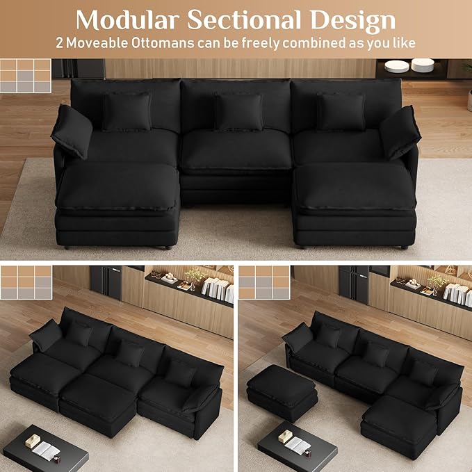 114" U Shaped Cloud Couch Sectionals Oversized Sectional Couches for Living Room Modular Couch, Large Velvet Cloud Sofa with Movable Ottoman, Black