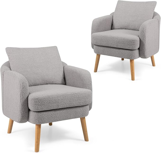 Giantex Sherpa Accent Chair Set of 2, Modern Upholstered Single Sofa Chair with Back Pillow & Solid Rubber Wood Legs, Teddy Barrel Arm Chair for Reading, Living Room, Bedroom, Office, Grey