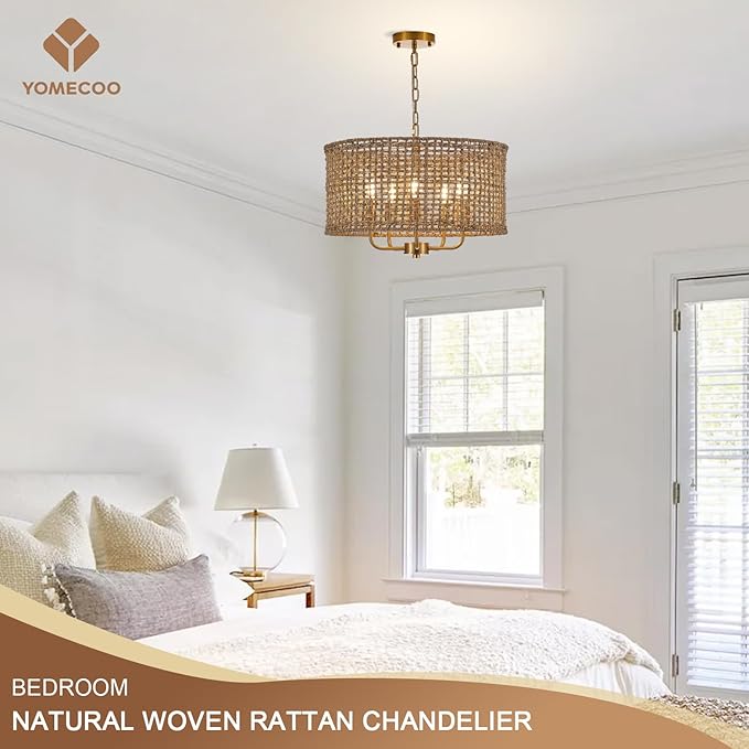 Boho Hand-Woven Rattan Chandelier Vintage Farmhouse Bamboo Golden Chandelier Modern 5-Lights Drum Wicker Gold Chandeliers for Dining Room, Kitchen, Living Room, Entryway, Bedroom, E12