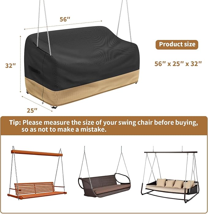 Hanging Porch Swing Cover Waterproof Outdoor Swing Chair Covers Tear Resistant Patio Swing Cover Replacement All Weather Proof Patio Furniture Covers (56 x 25 x 32 Inches)