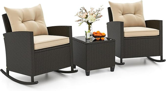 Tangkula 3 Piece Wicker Rocking Set, Patio Rattan Roker Chairs with Tempered Glass Table & Soft Cushions, Outdoor Furniture Set for Backyard, Poolside Porch (Beige)