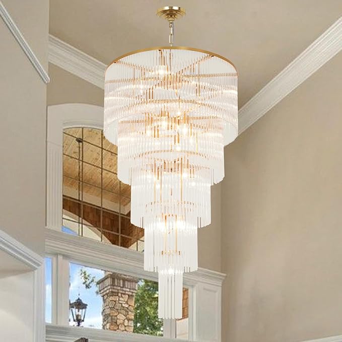 25 Light Staircase Crystal Chandeliers H49 W27.5 Modern Contemporary Elegant 5-Tier K9 Crystal Glass Chandelier Pendant Ceiling Lighting Fixture for Entryway