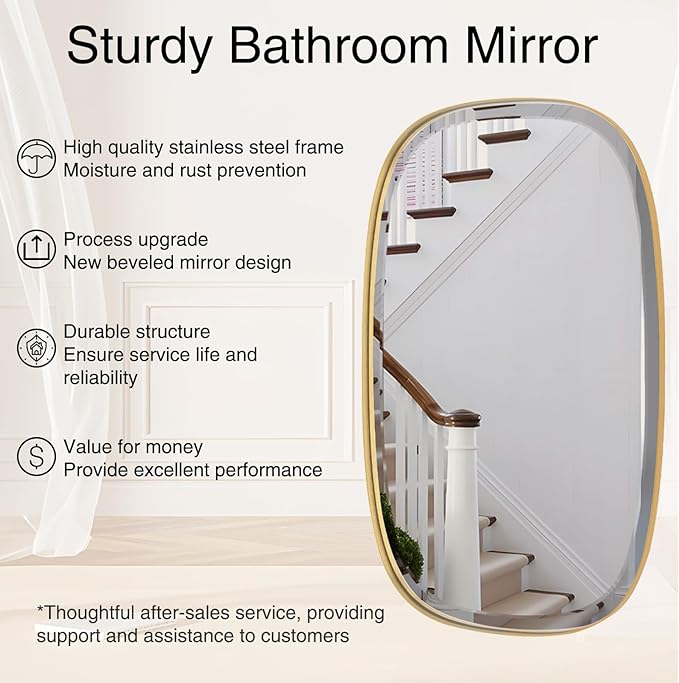 POZINO Bathroom Beveled Mirror, 24"x32" Brushed Gold Mirrors for Over Sink, Brass Rounded Rectangle Mirrors, Modern Vanity Wall Mirror in Premium Stainless Steel Frame, Horizontal or Vertical Hanging