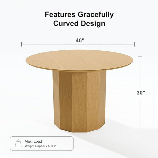 Casaphoria 46" Round Dining Table, Modern Wood Kitchen Table with Cylinder Polygonal Base for Living Room & Dining Room, Easy Assembly Farmhouse Furniture for 4-6, Oak