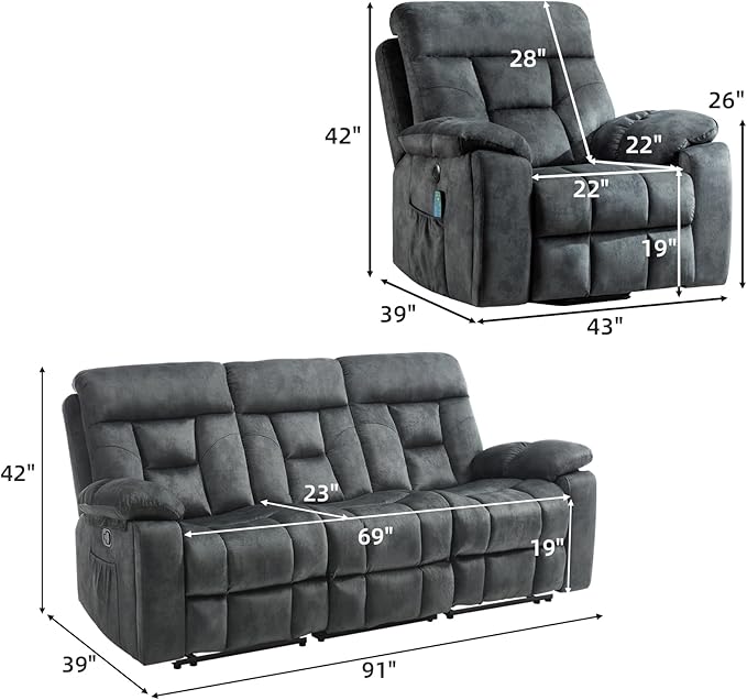 EBELLO 2 Piece Reclining Living Room Set, Soft Fabric Recliner Sofa Furniture Set, Included Power Lift Recliner Chair with Massage and Heat and 3 Seat Sofa, Dark Greenish-Grey