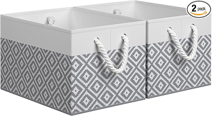 Storage Bins, 2-Pack Large Storage Box with Rope Handles, Collapsible Storage Basket for Organizing Books, Clothes, Rhombic Grey