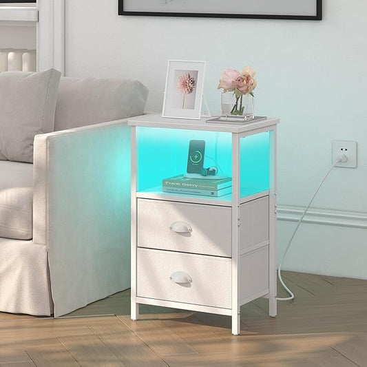 Nightstand with Charging Station, LED Night Stand Set 2, Bedside Table End Tables Set of 2, Bedroom Tables with 2 Fabric Drawers PU Finish, 3-Tier Storage Side Table for Bedroom,White