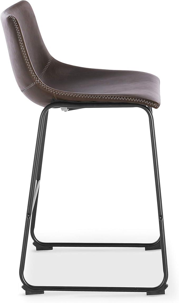 POLY & BARK Brinley Counter Stool Set of 3 – Modern Armless Counter-Height Stools with Gently Curved Backrest and Wood Legs – Brown – Faux Leather Seating for Kitchen Island or Breakfast Bar