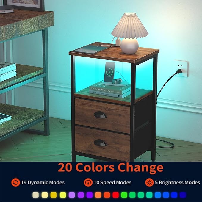 Nightstand with Charging Station, Night Stand with 2 Fabric Drawers, Bedside Table End Table with LED Light, 3-Tier Storage Side Table Nightstand with Drawers for Bedroom,Rustic Brown