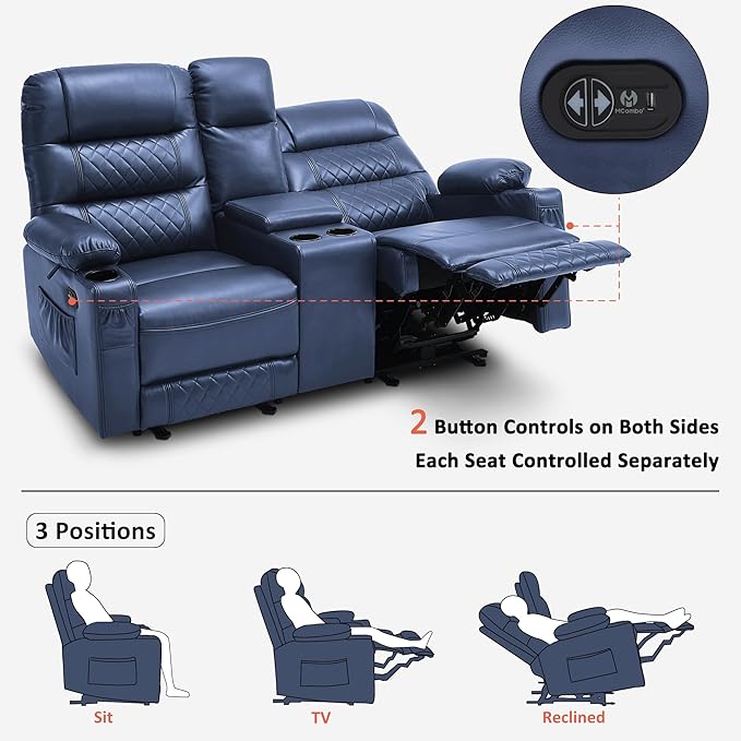 MCombo Zero Gravity Power Loveseat Recliner with Console, Heat and Vibration Massage, Reclining Loveseat Sofa with USB Ports, Cup Holders for Living Room, Faux Leather PR622Sets (Navy Blue)