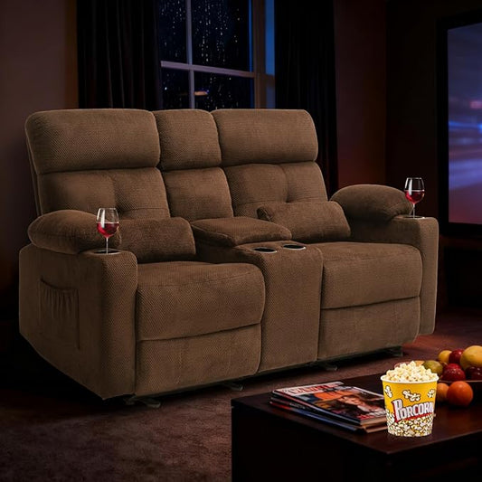 68'' RV Power Reclining Loveseat with Heat and Massage| RV Loveseat Recliner Sofa with Console| Double Reclining Couch with Cup Holder | Loveseat ReclinerTheater Seating(Fabric, Coffee)