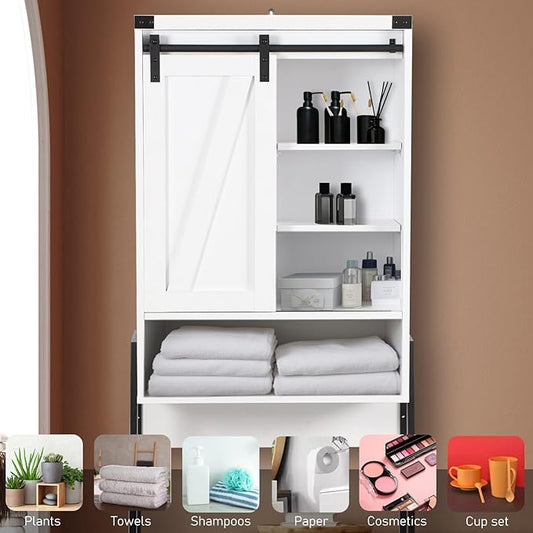 Over The Toilet Storage Cabinet, Behind Toilet Bathroom Organizer with Adjustable Shelves, Above Toilet Organizers with Barn Door, Space Saver for Restroom, Bathroom, Laundry, White