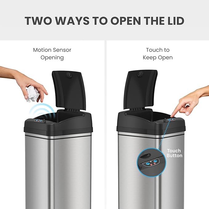 iTouchless 13 Gallon Patented Sensor Trash Can with Lid & Odor Filter, Original Inventor 50L Automatic Kitchen Garbage Bin, Fingerprint-Proof Stainless Steel, Pet-Proof Lock, Soft-Close, Silver