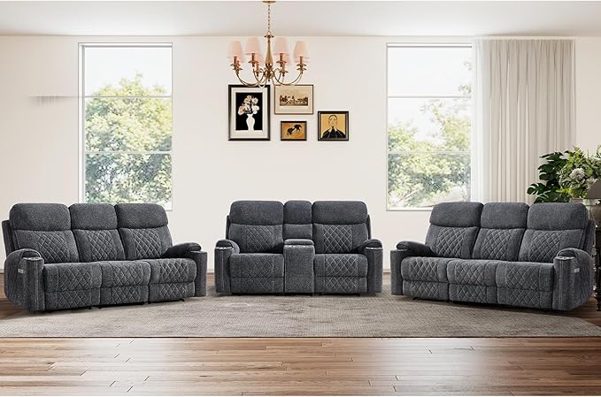 HAOMARKETS 3-Piece Power Recliner Sofa Set with Charging Port, Include 2-Seater Loveseat Reclining Couch with Hidden Storage and Cup Holders and 2 3-Seater Recliner Couches for Living Room, Dark Grey