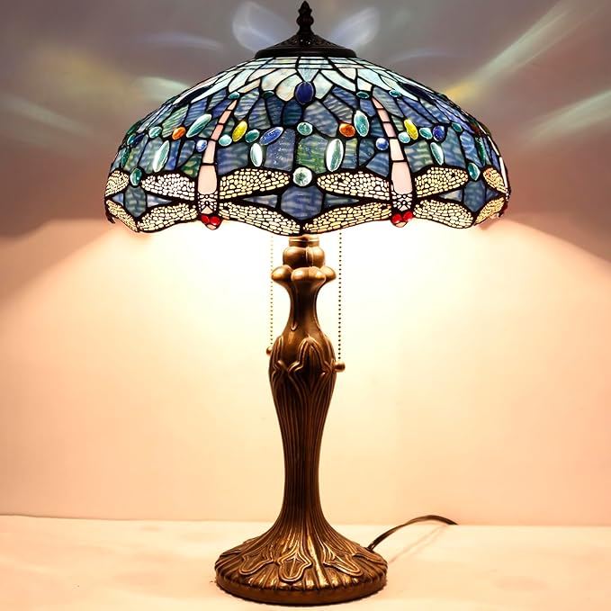 WERFACTORY Tiffany Lamp Blue Stained Glass Dragonfly Style Bedside Table Lamp 16X16X24 Inch Desk Reading Light Metal Base Decor Bedroom Living Room Home Office S631 Series