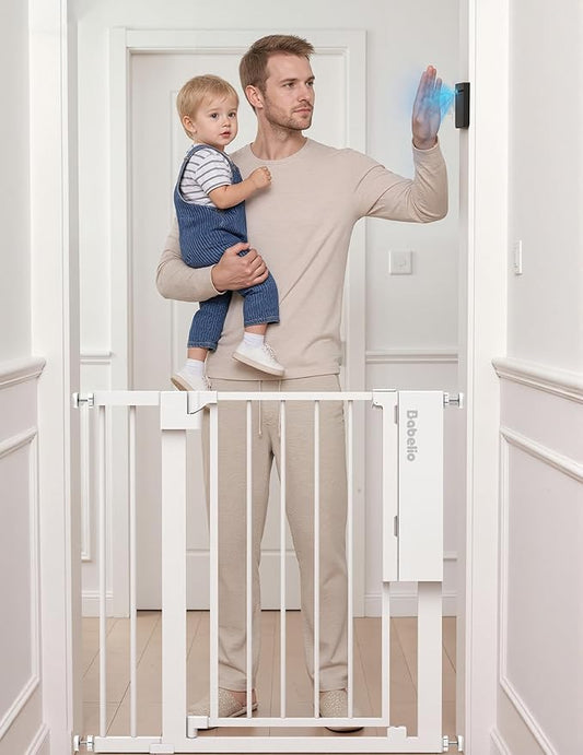 Babelio Smart Baby Gate with Auto-Unlock/Close, Pressure Mounted No Drill for Doorways/Top of Stairs. Pet/Dog Door Wide Walk Thru w/Infrared Sensor & Instant Safety Alert (White, 26.3-37.8" W, 30" H)