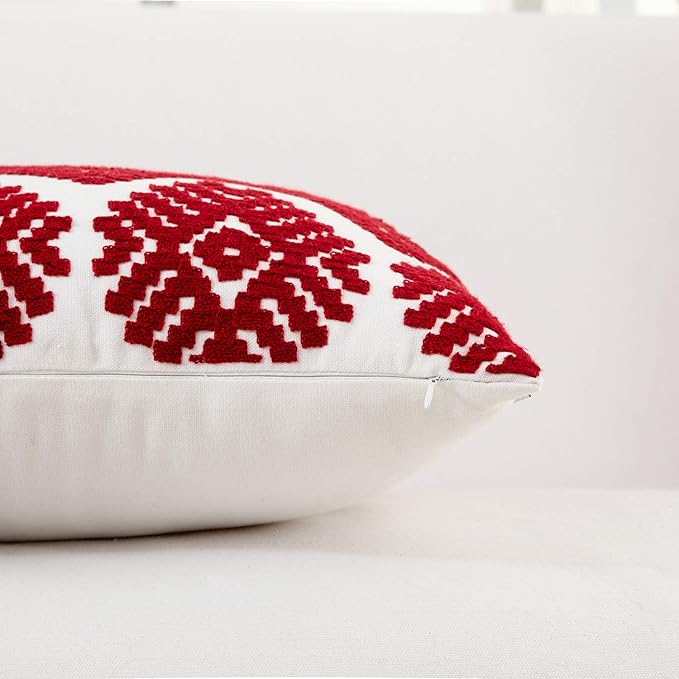 HWY 50 Red Decorative Throw Pillow Covers 18x18 Inch, Pack of 2 Embroidered Cotton Farmhouse Cushion Cover Pillow Case for Sofa Couch Living Room Bed Bedroon, Diamond Design