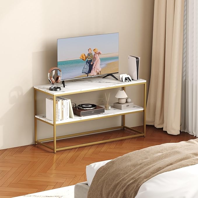 Function Home TV Stand for TVs up to 50 Inch, 2 Tier Entertainment Center, Modern TV Cabinet with Marble Top and Gold Metal Base, 42" Media Console Table with Storage for Living Room Bedroom